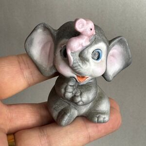 Vintage‎ Elephant Figurine with Pink Mouse Trinket Decor Ceramic